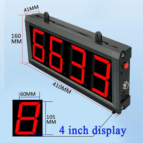 Hella Relentless Dual Laser Digital Counter Meter With Big LED Screen And 20 Meter Tracking Range That Tallies Up To 999999 Pieces showing 4 inch display dimensions.