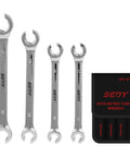 Four Piece Flare Nut Wrench Set With Offset Ends Metric Two Sizes Per Wrench 9 And 11 Millimeter 10 And 12 Millimeter 13 And 14 Millimeter 15 And 17 Millimeter Chromium Vanadium Steel With Pouch For Easy Organization And Nut Removal On Fuel Lines And displayed with storage pouch