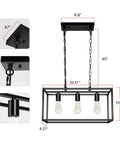 Black Farmhouse Kitchen Island Lighting Modern Linear Chandelier For Dining Room And Living Space Industrial Rectangular Pendant Fixture Dope For Foyer Or Bar 3 Light Black Finish with dimensions and design features.