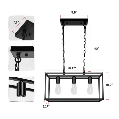 Black Farmhouse Kitchen Island Lighting Modern Linear Chandelier For Dining Room And Living Space Industrial Rectangular Pendant Fixture Dope For Foyer Or Bar 3 Light Black Finish with dimensions and design features.