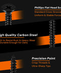 Close-up of Phillips flat head screw made from high quality carbon steel, part of the 255 Piece Heavy Duty Black Flat Head Wood Screw Kit Number Six And Eight.