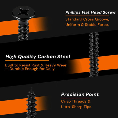 Close-up of Phillips flat head screw made from high quality carbon steel, part of the 255 Piece Heavy Duty Black Flat Head Wood Screw Kit Number Six And Eight.