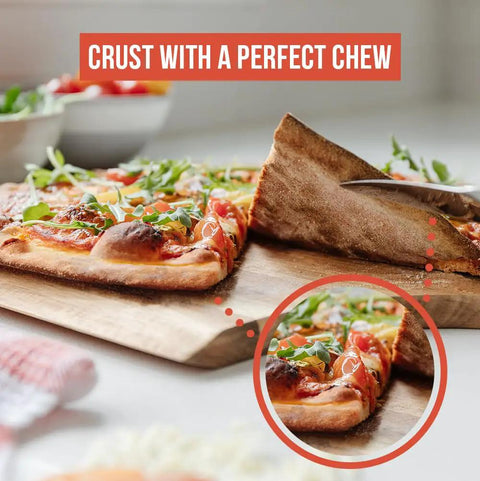 Close-up of a pizza slice with crispy crust on wooden board, showcasing High Heat Pizza Steel For Oven And Grill 13 By 13 Inch One Quarter Inch Thick With Lifting Holes Baking Stone For Oven And Grill Creates Crispy Crust And Rich Flavor For Pizza Sourdough Bread Cookies And More