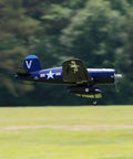 F4U Corsair 800mm RC Plane Blue Ready To Fly 4 Channel Remote Control Airplane with realistic details in flight over grass