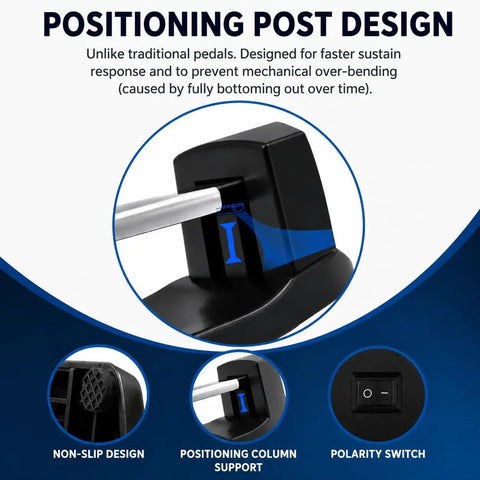 Universal Metal Sustain Pedal For Keyboard And Piano With Polarity Switch 5ft Cable, featuring positioning post design diagram