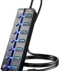 7-Port USB 3.0 Hub With 3ft Cable For Laptop PC Surface Pro PS4 And PS5, Individual LED On Off Per Port, Backward Compatible With USB 2.0 And USB 1.0