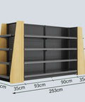 Heavy Duty Double Sided Garage Shelving 4 Tier Adjustable Metal Storage Rack with black shelves and wooden accents.