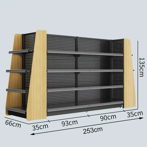 Heavy Duty Double Sided Garage Shelving 4 Tier Adjustable Metal Storage Rack with black shelves and wooden accents.