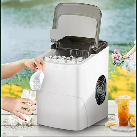 Solid Countertop Automatic Ice Maker For Kitchens Or Game Rooms Producing Fast Crystal Clear Cubes In Minutes with user dispensing ice.