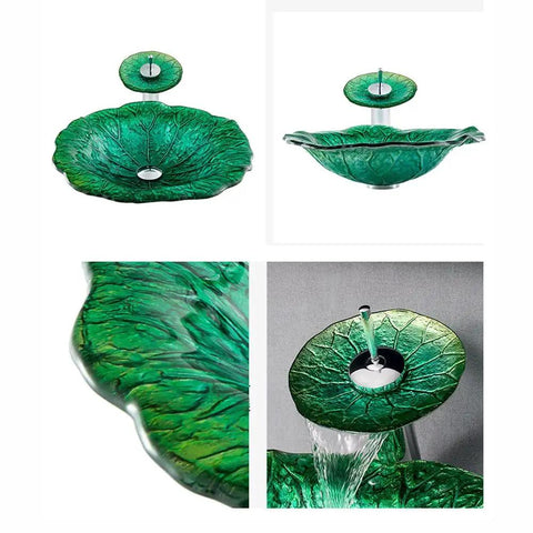 Slick Tempered Glass Vessel Sink Lotus Leaf Countertop Basin featuring smooth waterfall flow from faucet, vibrant green design.