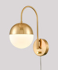 Mid Century Modern Wall Sconce With Switch Gold Brass Finish Easy Plug In Wall Light With Opal White Glass Globe For Bedroom And Living Space Goose Neck Design And Cozy Warm Glow