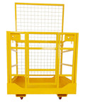 Straight Up Heavy Duty Forklift Safety Cage With Collapsible Basket And Lockable Swivel Wheels For Aerial Work Platforms 43 By 45 Inches 1400 Lbs, yellow cage with grid panel.
