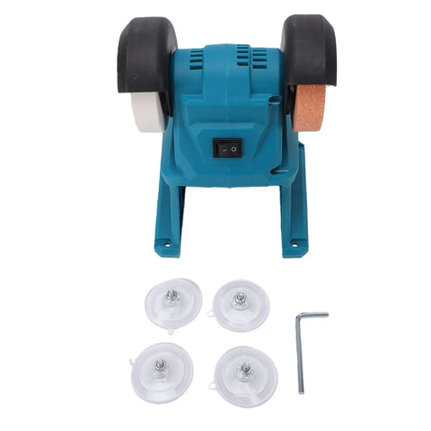 Heavy Duty Cordless Mini Bench Grinder With A Rock Solid 5500 Rpm Motor and Lock Down Suction Base, blue grinder with suction cups.