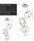 Sleek Modern LED Chandelier With Six Ring Chrome Pendant Light, Dimmable 18W Ceiling Fixture, technical details labeled