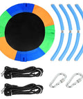 Kids 40 Inch Round Tree Swing Seat Multicolor Saucer Style Outdoor Swing components showing frame, ropes, and carabiners