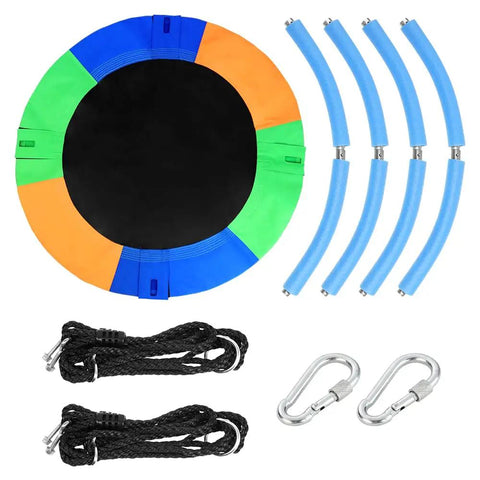 Kids 40 Inch Round Tree Swing Seat Multicolor Saucer Style Outdoor Swing components showing frame, ropes, and carabiners