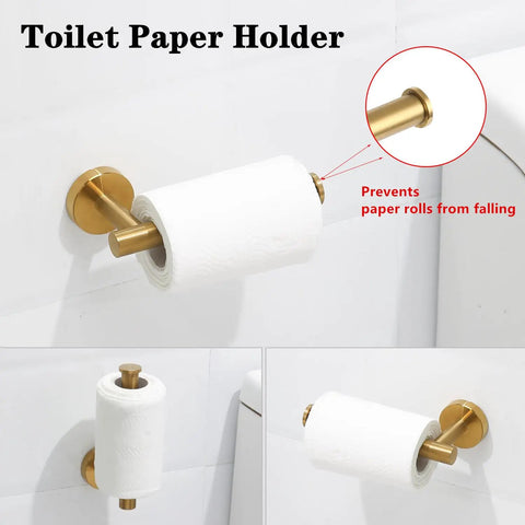 Brushed Gold Stainless Steel Bathroom Hardware Set With Hand Towel Ring, Toilet Paper Holder, And Two Robe Towel Hooks, Dope Modern Look