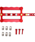 Dead On Precision Complete Self Centering Doweling Jig Kit With Professional Drill Bushes showing red aluminum jig and accessories.