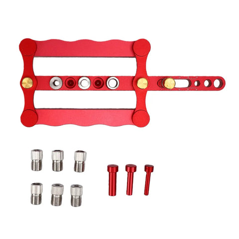 Dead On Precision Complete Self Centering Doweling Jig Kit With Professional Drill Bushes showing red aluminum jig and accessories.