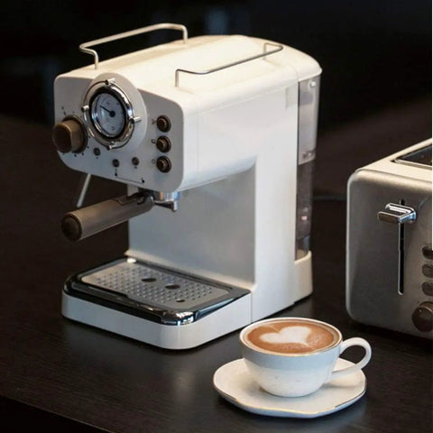 Retro Semi Automatic Espresso Maker Featuring 15 Bar Pump And Heavy Duty Stainless Steel Body With Built In Milk Frother Plus Complete Cappuccino Kit for home brewing, with a latte in a cup beside.