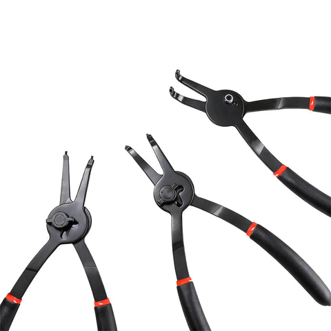 12 Piece Snap Ring Pliers Set For Internal And External Circlips With Straight And Bent Jaw Tips in black color, close-up view