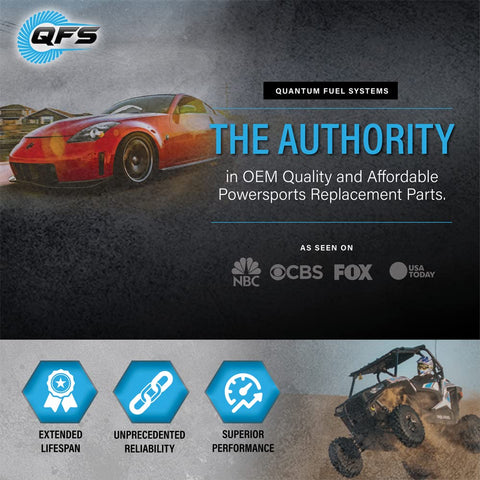 Quantum Fuel Systems ad for OEM quality powersports replacement parts, featuring a red sports car and off-road vehicle.
