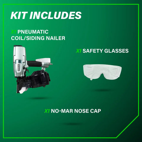 Kit includes Pro Siding And Light Framing Coil Nailer For 16 Degree Wire Nails And 15 Degree Plastic Nails, safety glasses, nose cap.