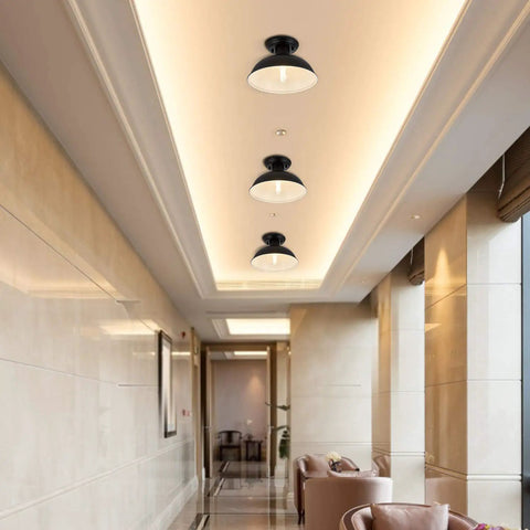Industrial Semi Flush Mount Ceiling Light Matte Black Farmhouse Fixture installed in modern hallway ceiling