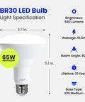 Bright LED BR30 Flood Light Bulbs 65W Equivalent Energy Saving Dimmable 10 Year Life 650 Lumens Soft White 2700K E26 Base