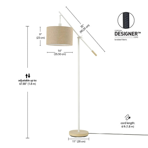 Serena 66 Inch Floor Lamp With Matte White Finish Faux Wood Accents And Natural Jute Shade Adjustable Arm Dimmable Rotary