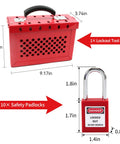 Lockout Tagout Lock Box Kit With Ten Loto Locks, Portable Steel Safety Box dimensions and lock size shown