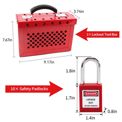 Lockout Tagout Lock Box Kit With Ten Loto Locks, Portable Steel Safety Box dimensions and lock size shown