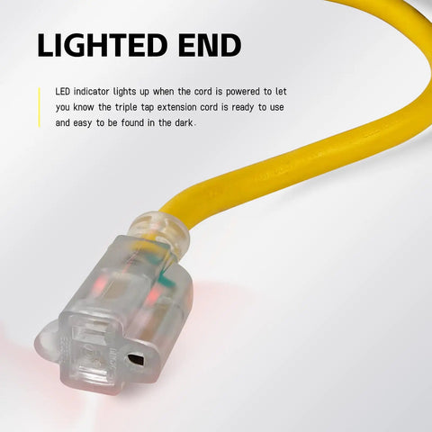 100 Ft Lighted Outdoor Extension Cord With 12 Gauge 3 Wire SJTW Heavy Duty Yellow Cable, 3 Prong Grounded Plug with LED Indicator