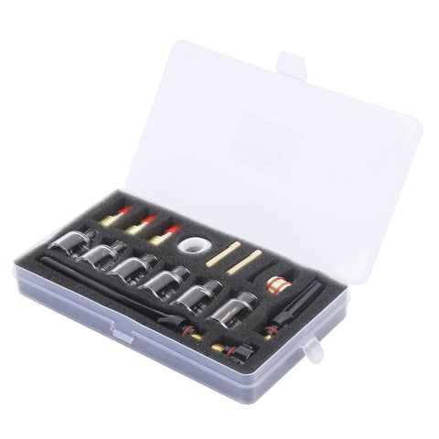 Open box showing All In One 17Pcs TIG Torch Consumables Kit With Glass Nozzles Gun Tails Tungsten Clamps Silicone Ring Guide