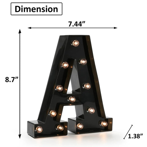 Lit Black Alphabet Marquee Letters Sign with LED Lights, Night Light for Home Bar and Party Decor, dimensions shown on Image
