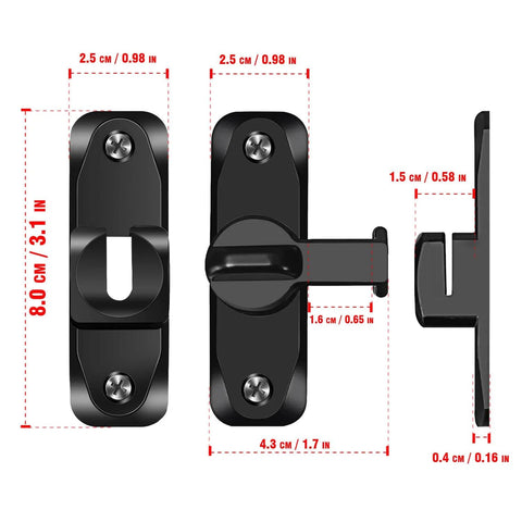 Heavy Duty Flip Gate Latches For Barn Doors And Garden Gates 90 And 180 Degree Anti Rust Hasps Thickened Zinc Alloy Locking Latch Durable Weatherproof Fit Barn Doors Bathroom Outdoor Garage Window Black 2 Pack shown from front and side with measurements