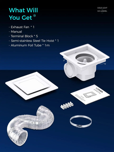 Sleek Ten Inch Ceiling Ventilation Fan With Built In Light Smooth Bath Exhaust Unit includes components like fan, duct, and manual.