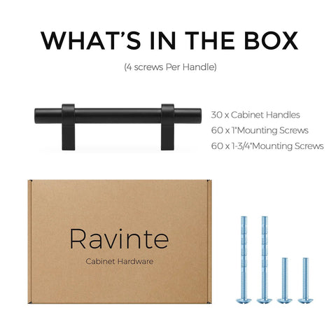 30 Pack Matte Black 5 Inch Cabinet Pulls With Square Base For Kitchen Cabinets And Cupboards, box with screws and handles