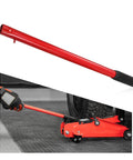 2 Ton Horizontal Hydraulic Jack Handle With Grippy Anti Slip Grip Heavy Duty Steel Floor Jack Lever Replacement For Car Lifts 14.6 Inch Length For Superior Leverage And Effortless Lifting During Maintenance, showing red handle with anti-slip grip next to car lift jack.