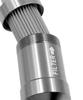 Close-up of the aluminum body of a long-lasting reusable oil filter system with built-in filtration for heavy-duty engines.