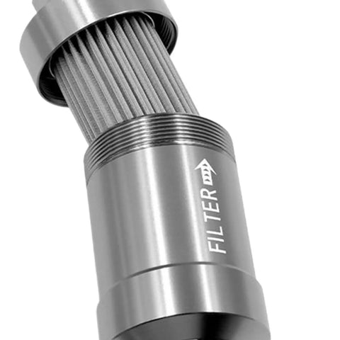 Close-up of the aluminum body of a long-lasting reusable oil filter system with built-in filtration for heavy-duty engines.