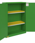Heavy Duty 45 Gallon Pesticide Storage Cabinet With Double Wall Steel Build And Leak Proof Trays inside view with yellow shelves