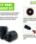 1/2-Inch Drive Deep 6-Point Impact Socket Set, 8-Piece SAE Spindle Axle Nut Kit, Chrome Molybdenum Build shown with features