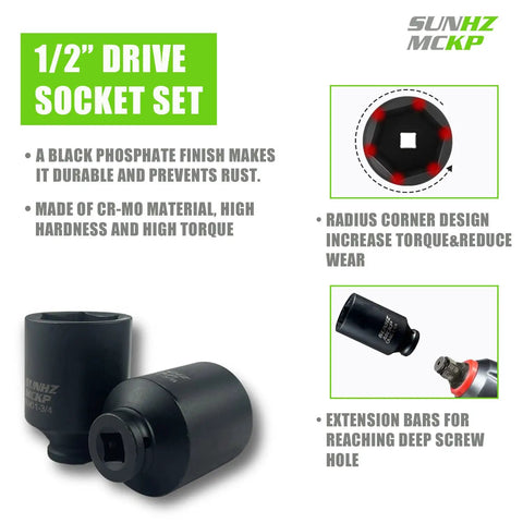 1/2-Inch Drive Deep 6-Point Impact Socket Set, 8-Piece SAE Spindle Axle Nut Kit, Chrome Molybdenum Build shown with features