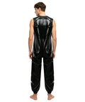 Heavy Duty Men Oil Repellent Spray Painting Coveralls With Wicked Stretch Zip Up Sleeveless Mechanic Jumpsuit In Sleek Black, back view.