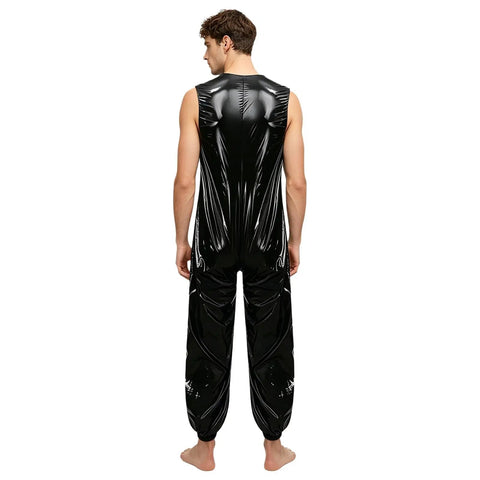 Heavy Duty Men Oil Repellent Spray Painting Coveralls With Wicked Stretch Zip Up Sleeveless Mechanic Jumpsuit In Sleek Black, back view.