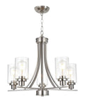 Traditional 5 Light Chandelier in Brushed Nickel with Clear Glass Shades hanging on adjustable chain.