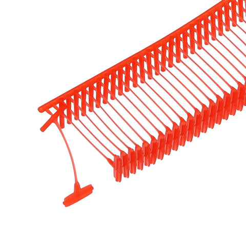 Snag These Badass Plastic Label Barbs That Slap Right Onto Garments And Gear Zero Fuss Threading Works Awesome With All Standard Label Guns Comes In A Bulk Pack Of 1000 Red Pieces, showing red plastic label barbs in a row.