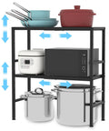 Two Tier Expandable Metal Storage Shelves Built For Tough Use With Adjustable Heights From 18.7 To 28.3 Inches Heavy Duty 150 Lbs Per Shelf Utility Rack For Kitchen Garage Laundry Bathroom Pantry And Warehouse with pots, microwave and cooker