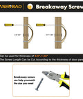 Diagram showing breakaway screws with cutting tool and adjustable thickness measurements for door panels